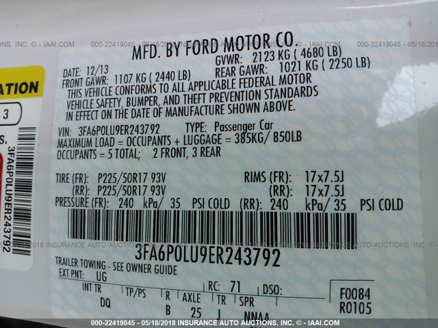 3FA6P0LU9ER243792 - 2014 FORD FUSION SE HYBRID WHITE photo 9