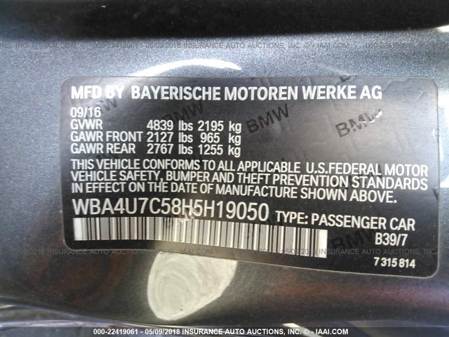 WBA4U7C58H5H19050 - 2017 BMW 430I GRAY photo 9