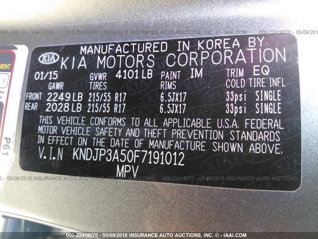 KNDJP3A50F7191012 - 2015 KIA SOUL + GRAY photo 9