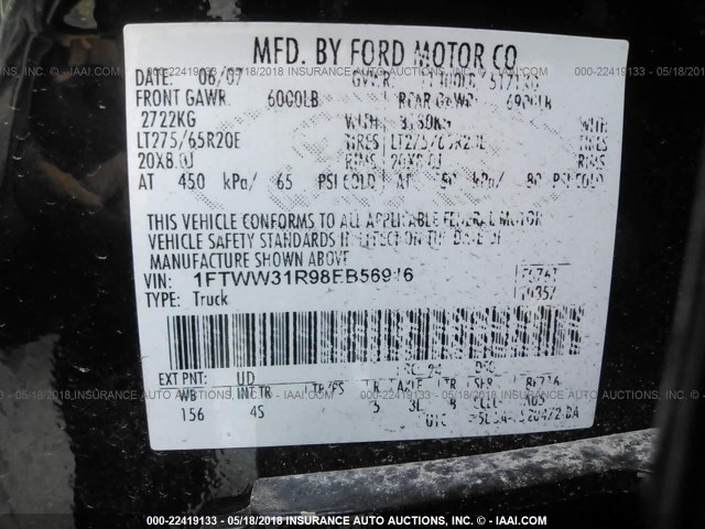 1FTWW31R98EB56916 - 2008 FORD F350 SRW SUPER DUTY BLACK photo 9