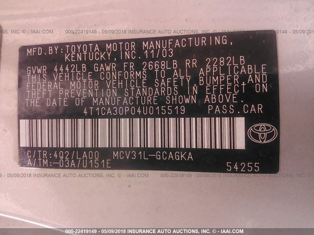 4T1CA30P04U015519 - 2004 TOYOTA CAMRY SOLARA SE/SLE ბეჟი ფოტო 9