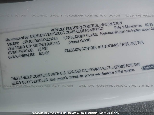 3AKJGLD54GSGZ3249 - 2016 FREIGHTLINER CASCADIA 125  WHITE photo 10