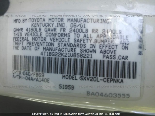 4T1BG22K21U858221 - 2001 TOYOTA CAMRY CE/LE/XLE 白色 照片 9