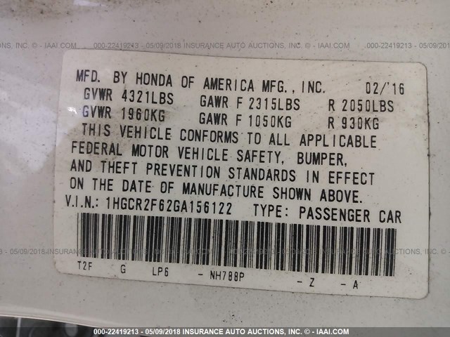 1HGCR2F62GA156122 - 2016 HONDA ACCORD SPORT 白色 照片 9