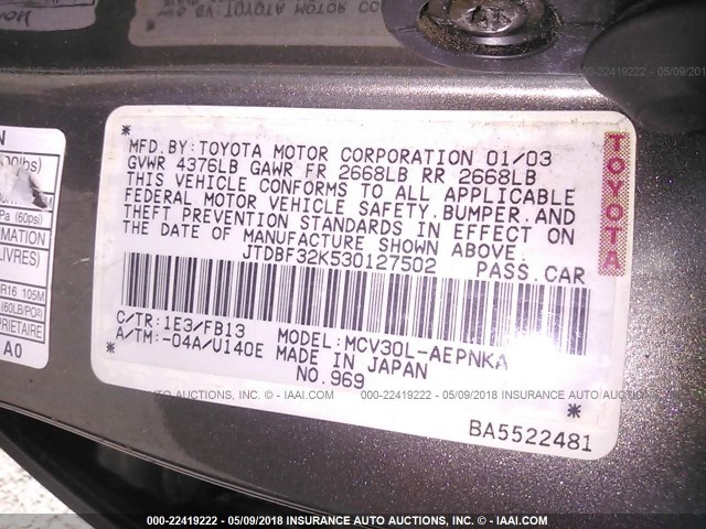 JTDBF32K530127502 - 2003 TOYOTA CAMRY LE/XLE Grau Foto 9