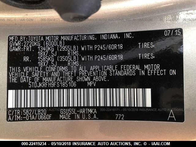 5TDJKRFH9FS185106 - 2015 TOYOTA HIGHLANDER XLE Champagne photo 9