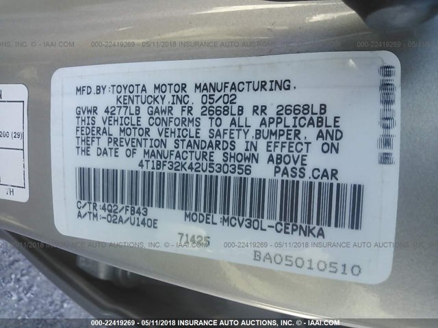 4T1BF32K42U530356 - 2002 TOYOTA CAMRY LE/XLE/SE 银色 照片 9