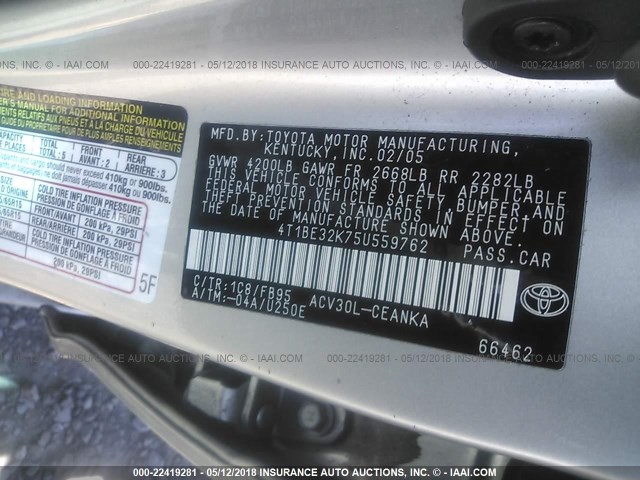 4T1BE32K75U559762 - 2005 TOYOTA CAMRY LE/XLE/SE ვერცხლისფერი ფოტო 9