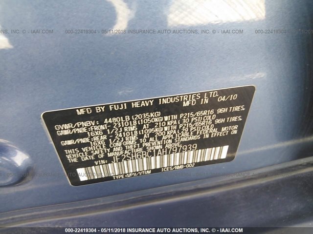 JF2SH6BC1AH797939 - 2010 SUBARU FORESTER XS Көк фото 9