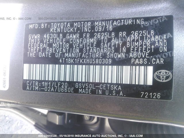 4T1BK1FKXHU580309 - 2017 TOYOTA CAMRY XSE/XLE Boz foto 9