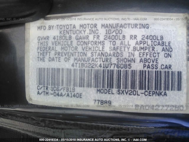 4T1BG22K41U776085 - 2001 TOYOTA CAMRY CE/LE/XLE 灰色 照片 9