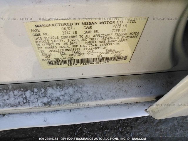 1N4AL21E68N413143 - 2008 NISSAN ALTIMA 2.5/2.5S WHITE photo 9