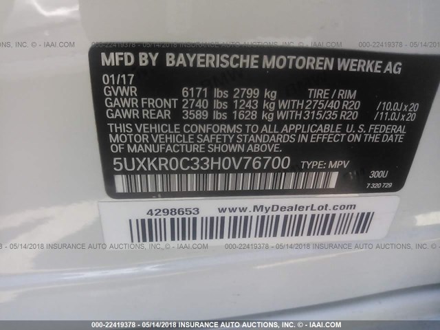 5UXKR0C33H0V76700 - 2017 BMW X5 XDRIVE35I WHITE photo 9