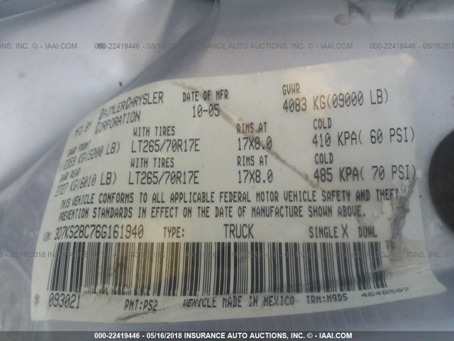 3D7KS28C76G161940 - 2006 DODGE RAM 2500 ST/SLT/LARAMIE ვერცხლისფერი ფოტო 9