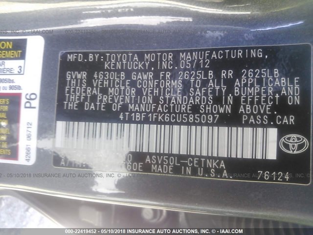 4T1BF1FK6CU585097 - 2012 TOYOTA CAMRY SE/LE/XLE 灰色 照片 9