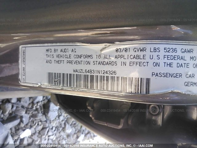 WAUZL64B31N124326 - 2001 AUDI A6 4.2 QUATTRO GRAY photo 9