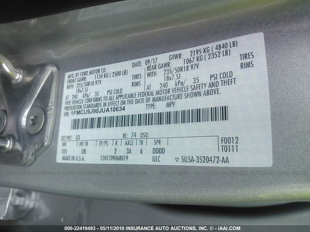 1FMCU9J90JUA10634 - 2018 FORD ESCAPE TITANIUM Gümüş fotoğraf 9