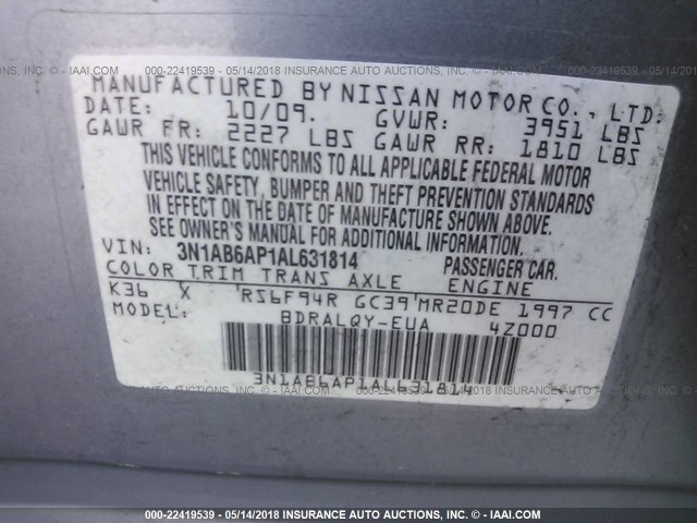 3N1AB6AP1AL631814 - 2010 NISSAN SENTRA 2.0/2.0S/SR/2.0SL GRAY photo 9