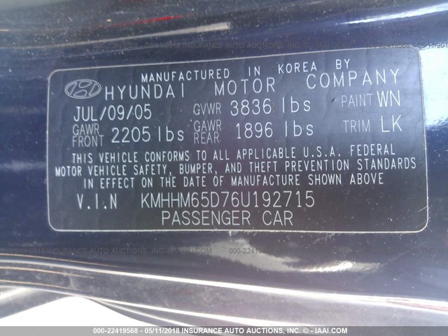 KMHHM65D76U192715 - 2006 HYUNDAI TIBURON GS BLUE photo 9