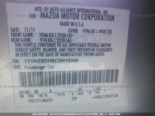 1YVHZ8DH8C5M16340 - 2012 MAZDA 6 I 银色 照片 9
