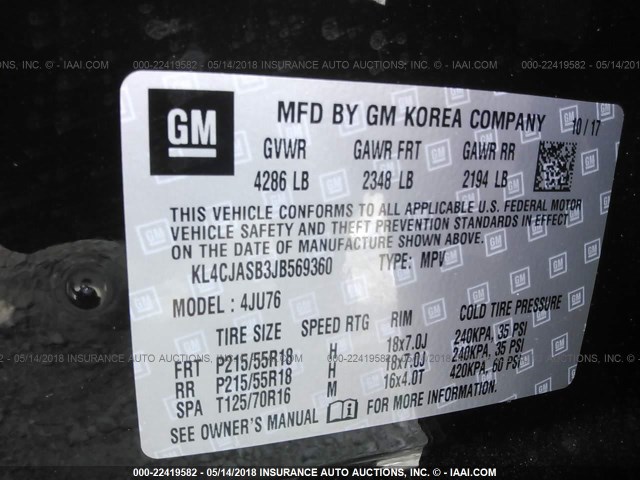 KL4CJASB3JB569360 - 2018 BUICK ENCORE PREFERRED Қара фото 9