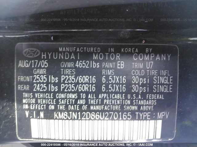 KM8JN12D86U270165 - 2006 HYUNDAI TUCSON GLS/LIMITED BLACK photo 9