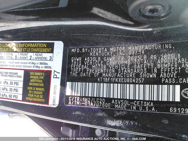 4T1BF1FKXEU804257 - 2014 TOYOTA CAMRY L/SE/LE/XLE Qara foto 9