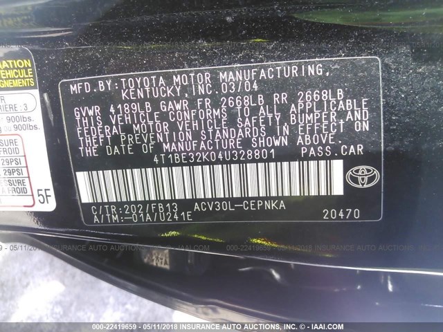 4T1BE32K04U328801 - 2004 TOYOTA CAMRY LE/XLE/SE შავი ფოტო 9