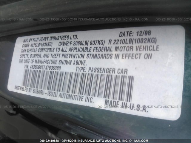 4S3BG6857X7635080 - 1999 SUBARU LEGACY OUTBACK/SSV/LIMITED/30TH GREEN photo 9