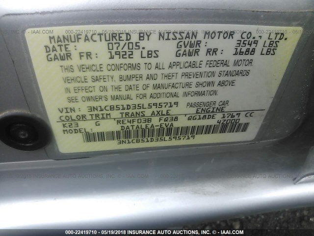 3N1CB51D35L595719 - 2005 NISSAN SENTRA 1.8/1.8S SILVER photo 9