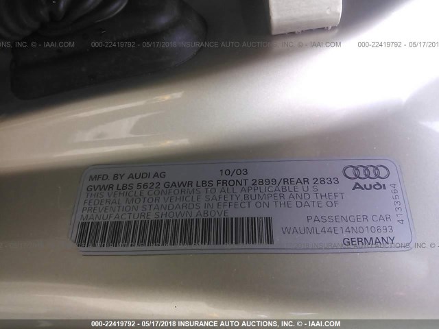 WAUML44E14N010693 - 2004 AUDI A8 L QUATTRO GOLD photo 9