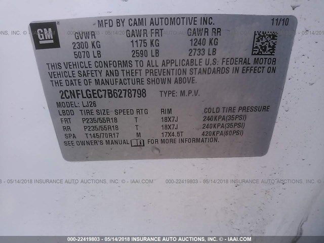 2CNFLGEC7B6278798 - 2011 CHEVROLET EQUINOX LTZ WHITE photo 9