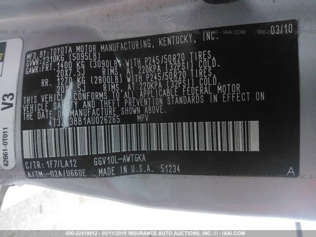 4T3ZK3BB1AU026265 - 2010 TOYOTA VENZA SILVER photo 9