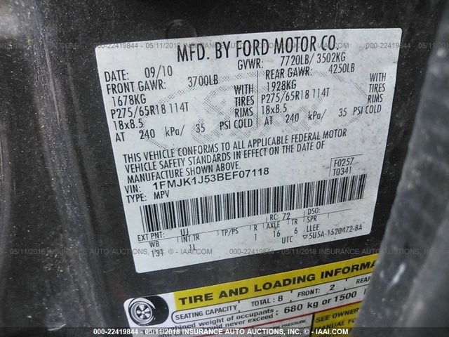 1FMJK1J53BEF07118 - 2011 FORD EXPEDITION EL XLT/EL KING RANCH GRAY photo 9