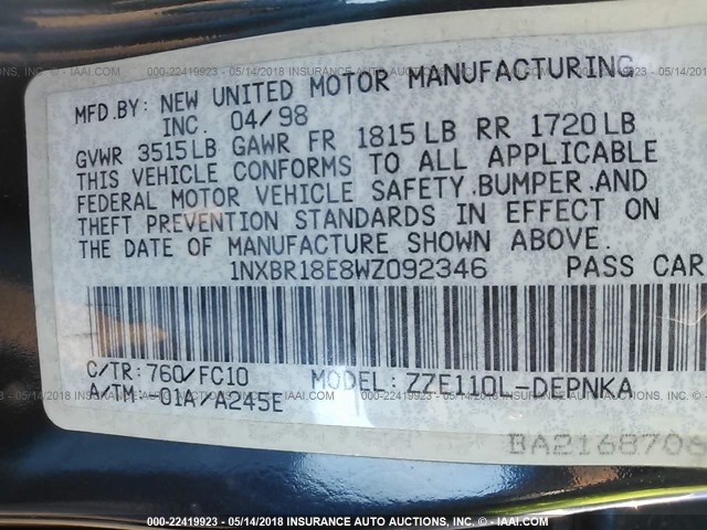 1NXBR18E8WZ092346 - 1998 TOYOTA COROLLA VE/CE/LE 绿色 照片 9