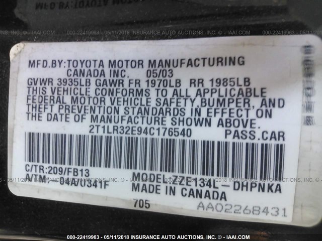 2T1LR32E94C176540 - 2004 TOYOTA COROLLA MATRIX XR BLACK photo 9