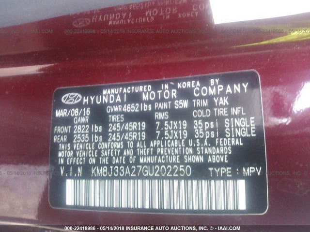 KM8J33A27GU202250 - 2016 HYUNDAI TUCSON LIMITED/SPORT AND ECO/SE MAROON photo 9