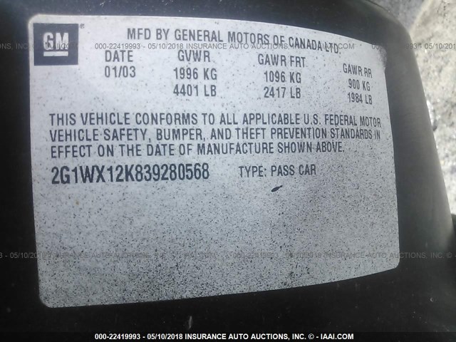 2G1WX12K839280568 - 2003 CHEVROLET MONTE CARLO SS შავი ფოტო 9