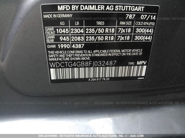 WDCTG4GB8FJ032487 - 2015 MERCEDES-BENZ GLA 250 4MATIC GRAY photo 9