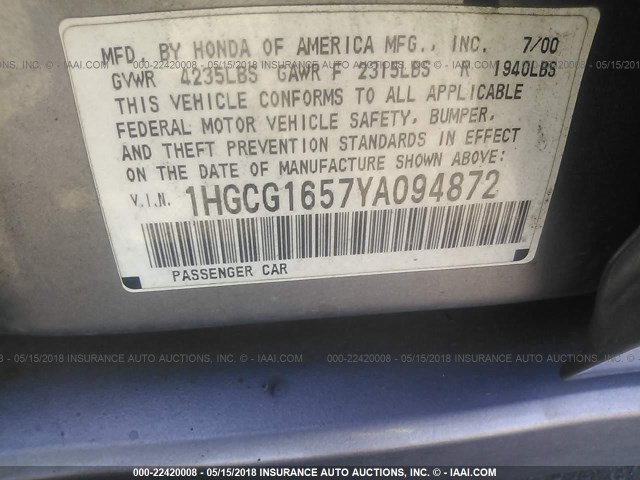 1HGCG1657YA094872 - 2000 HONDA ACCORD EX Pewter photo 9