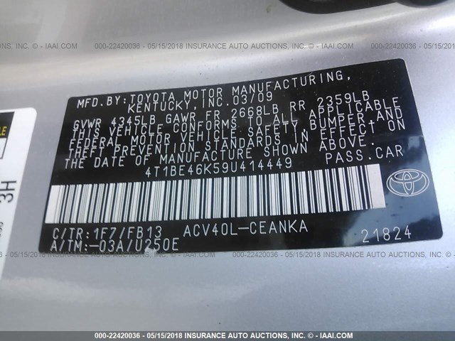 4T1BE46K59U414449 - 2009 TOYOTA CAMRY SE/LE/XLE 银色 照片 9