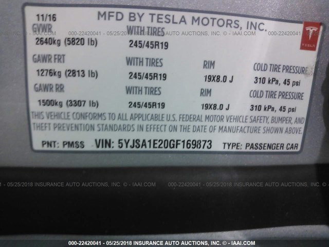 5YJSA1E20GF169873 - 2016 TESLA MODEL S Արծաթագույն լուսանկար 9