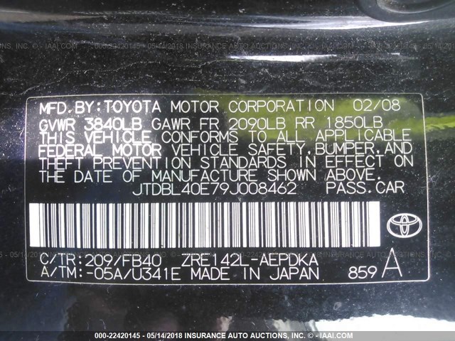JTDBL40E79J008462 - 2009 TOYOTA COROLLA LE/XLE BLACK photo 9