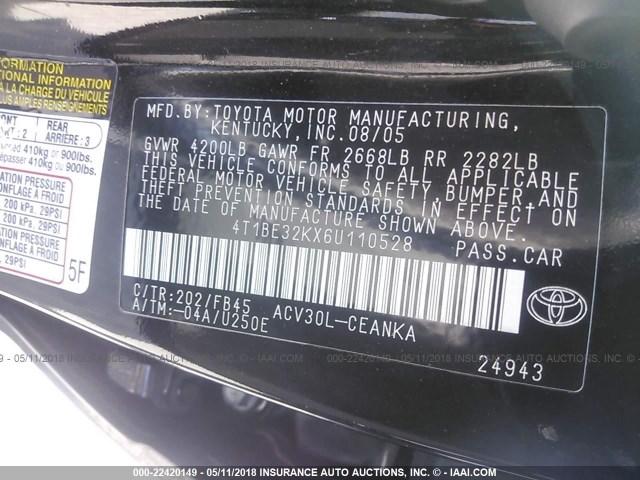 4T1BE32KX6U110528 - 2006 TOYOTA CAMRY LE/XLE/SE BLACK photo 9