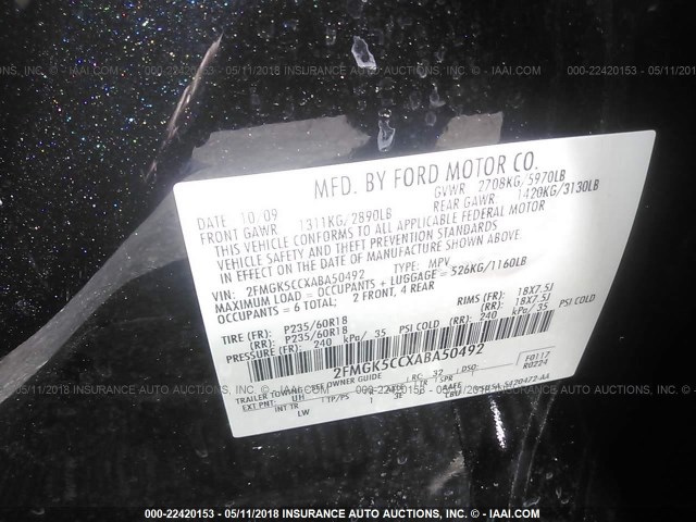 2FMGK5CCXABA50492 - 2010 FORD FLEX SEL შავი ფოტო 9