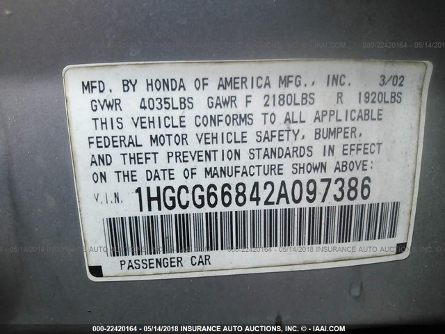 1HGCG66842A097386 - 2002 HONDA ACCORD EX/SE SILVER photo 9