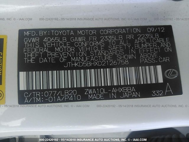 JTHKD5BHXD2126758 - 2013 LEXUS CT 200 WHITE photo 9