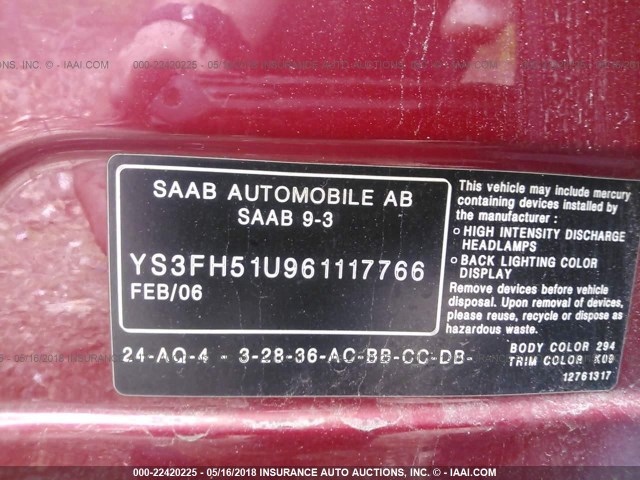 YS3FH51U961117766 - 2006 SAAB 9-3 AERO RED photo 9