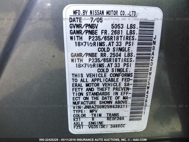 JN8AZ08W25W439311 - 2005 NISSAN MURANO SL/SE/S GRAY photo 9