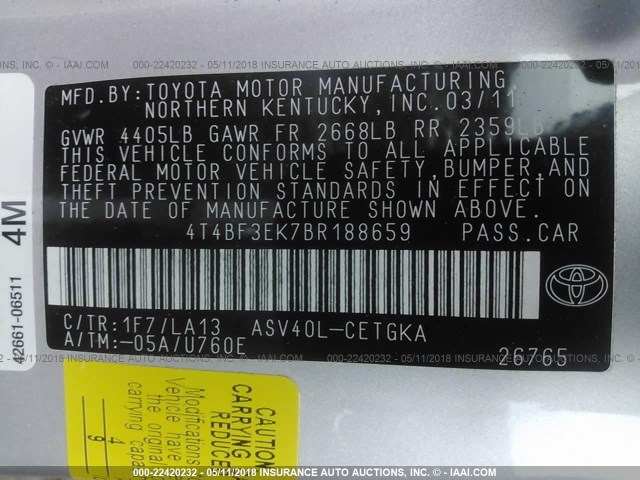 4T4BF3EK7BR188659 - 2011 TOYOTA CAMRY SE/LE/XLE 银色 照片 9